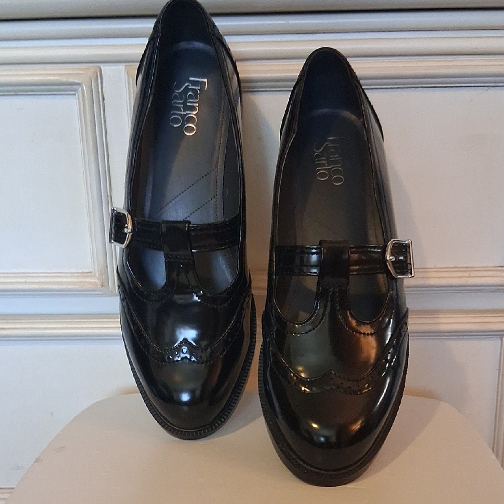 Franco Sarto Glossy Black Loafers with Buckle